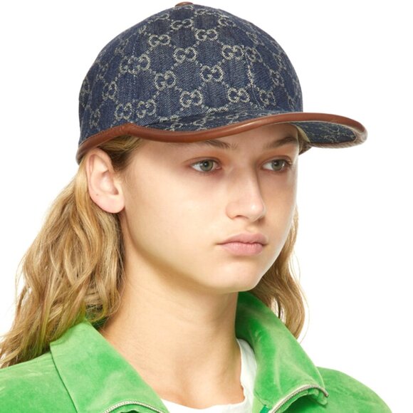 NEW GUCCI GG Monogram Denim Leather Trim Baseball Cap Hat Size M / 58 cm Authent - Picture 9 of 11